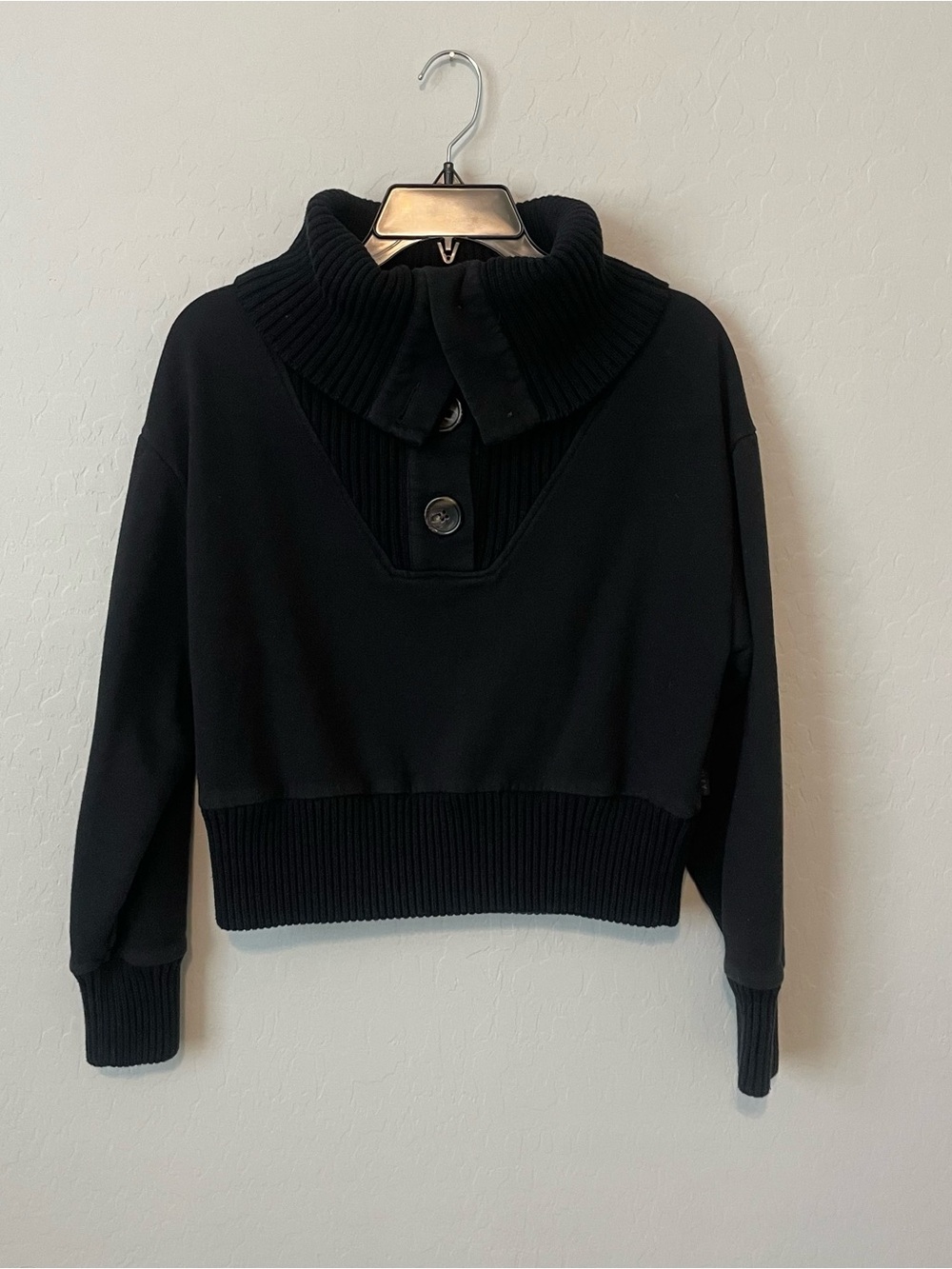 Varley Black Cropped Funnelneck Button Sweater
